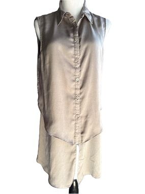 Sleeveless Silk-Look Button Front Tunic in Taupe